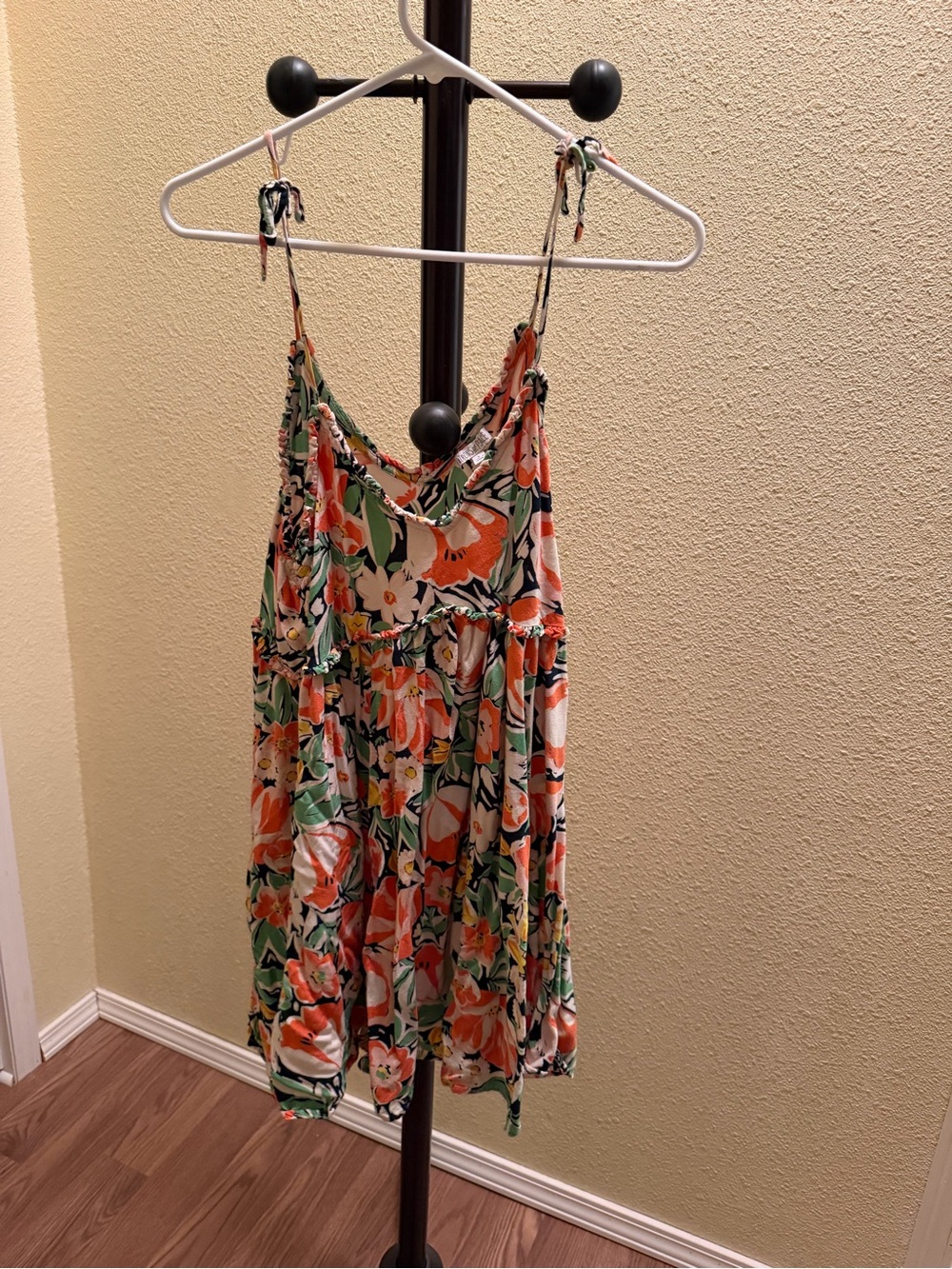 Patrons of Peace Orange, Green & White Floral Tie-Strap Mini Dress